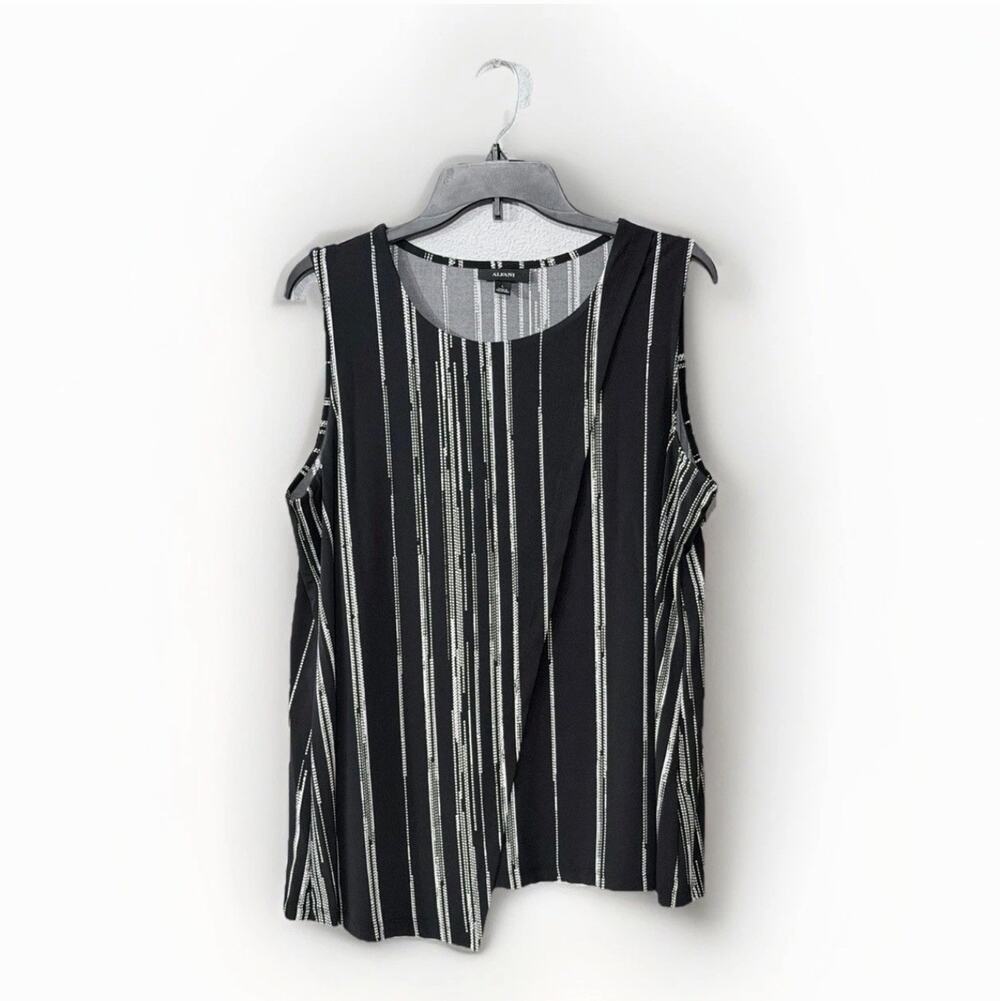 Alfani Tunic Top Boho Women's Wrap Front Black White Stripe Sleeveless Blouse L